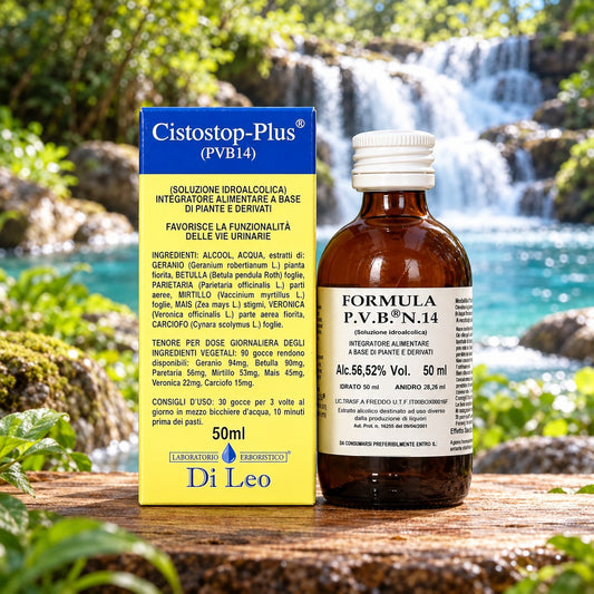 Cistostop-Plus® (PVB14) 50 ml Di Leo – confezione e flacone in ambiente naturale | Erboristeria Ippocrate