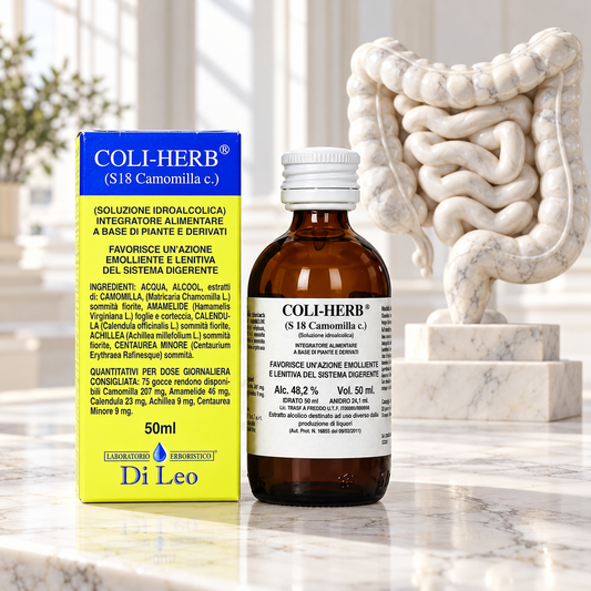 Coli-Herb S18 Camomilla composta Laboratorio Erboristico Di Leo – flacone 50 ml con astuccio, integratore a base di Camomilla, Amamelide, Calendula, Achillea e Centaurea minore