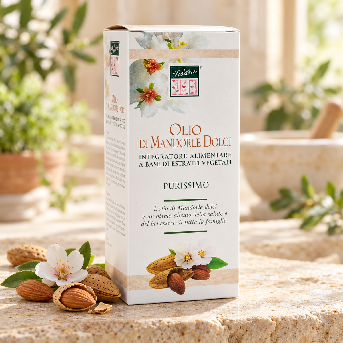 Confezione mandorle in ambientazione botanica