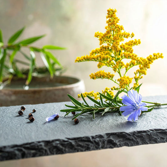 Solidago, cicoria, rosmarino e bacche di ginepro su ardesia.