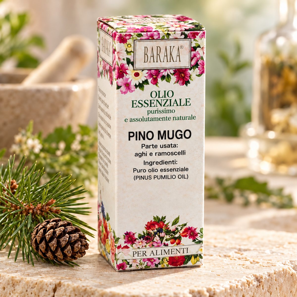 Confezione pino-mugo in ambientazione botanica