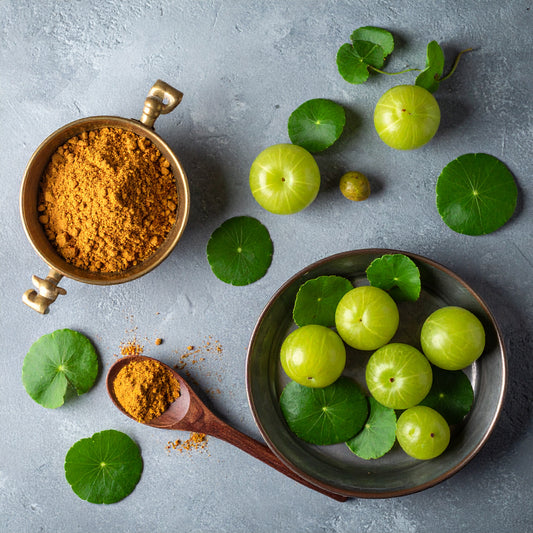 Amla e centella asiatica accanto a una ciotola di rame con polvere vegetale.